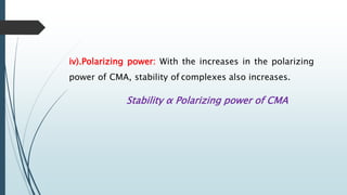 iv).Polarizing power: With the increases in the polarizing
power of CMA, stability of complexes also increases.
Stability α Polarizing power of CMA
 