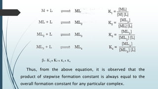 Thus, from the above equation, it is observed that the
product of stepwise formation constant is always equal to the
overall formation constant for any particular complex.
β4 = K1x K2 x K3 x K4
 