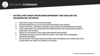 ⚡ INCLINING EXPERIMENT
© VIPIN DEVARAJ, DEPARTMENT OF SHIP TECHNOLOGY,CUSAT
• AN EXCEL SHEET MADE FOR INCLINING EXPERIMENT WAS USED AND THE
FOLLOWING ARE THE INPUTS
1. MAIN PARTICULARS OF THE SHIP ARE ENTERED.
2. POSITIONS,WEIGHTS,VCG,LCG OF THE RESPECTIVE WEIGHTS ARE ENTERED.
3. PENDULUM DETAILS AND DRAFT READINGS TAKEN DURING THE EXPERIMENT ARE ENTERED.
4. USING AUTOHYDRO THE HYDROSTATICS ARE GENERATED AND THE DISPLACEMENT,LCB,KM AT
MEAN DRAFT ARE ENTERED.
5. DETAILS OF THE WEIGHTS TO BE ADDED AND REMOVED ARE ENTERED.
6. FREEBOARD READINGS ARE ALSO TAKEN TO CHECK IF THE VESSEL HAS THE REQUIRED
MINIMUM FREEBOARD.
7. DEFLECTIONS OF THE PENDULUMS ARE ENTERED AND THE AVERAGE GM IS FOUND AND VCG IS
FOUND FROM THAT USING THE FORMULA: KG=KM-GM
 
