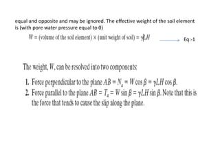 equal and opposite and may be ignored. The effective weight of the soil element
is (with pore water pressure equal to 0)
Eq:-1
 
