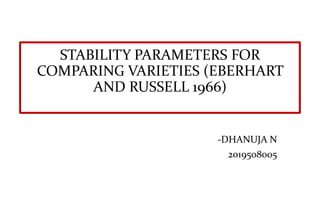 STABILITY PARAMETERS FOR
COMPARING VARIETIES (EBERHART
AND RUSSELL 1966)
-DHANUJA N
2019508005
 