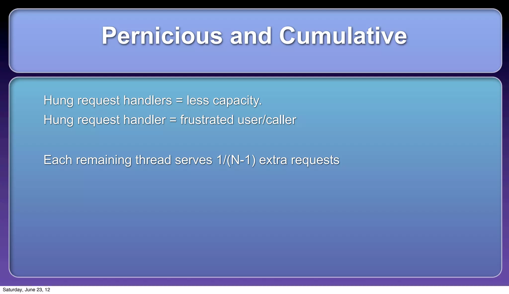 Pernicious and Cumulative

                  Hung request handlers = less capacity.
                  Hung request handler = frustrated user/caller


                  Each remaining thread serves 1/(N-1) extra requests




Saturday, June 23, 12
 