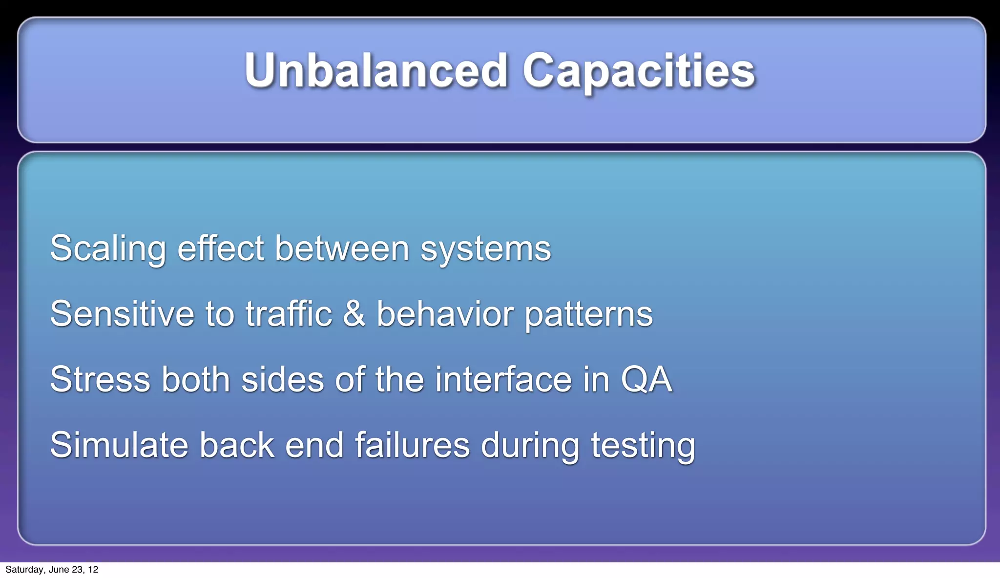 Unbalanced Capacities


         Scaling effect between systems
         Sensitive to traffic & behavior patterns
         Stress both sides of the interface in QA
         Simulate back end failures during testing


Saturday, June 23, 12
 