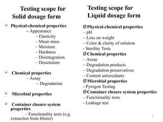 Testing scope for
Solid dosage form
 Physical-chemical properties
– Appearance
– Elasticity
– Mean mass
– Moisture
– Hardness
– Disintegration
– Dissolution
 Chemical properties
– Assay
– Degradation
 Microbial properties
 Container closure system
properties
– Functionality tests (e.g.
extraction from blister)
9
ØPhysical-chemical properties​
– pH​
– Loss on weight​
– Color & clarity of solution​
- Sterility Tests​
ØChemical properties​
– Assay​
– Degradation products​
– Degradation preservatives​
– Content antioxidants​
ØMicrobial properties ​
- Pyrogen Testing ​
ØContainer closure system properties​
– Functionality tests​
- Leakage test
Testing scope for
Liquid dosage form
 
