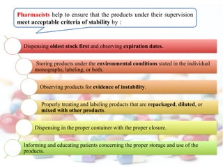 Pharmacists help to ensure that the products under their supervision
meet acceptable criteria of stability by :
Dispensing oldest stock first and observing expiration dates.
Storing products under the environmental conditions stated in the individual
monographs, labeling, or both.
Observing products for evidence of instability.
Properly treating and labeling products that are repackaged, diluted, or
mixed with other products.
Dispensing in the proper container with the proper closure.
Informing and educating patients concerning the proper storage and use of the
products.
 