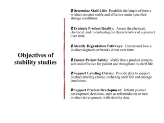 Objectives of
stability studies
ØDetermine Shelf Life: Establish the length of time a
product remains stable and effective under specified
storage conditions.
ØEvaluate Product Quality: Assess the physical,
chemical, and microbiological characteristics of a product
over time.
ØIdentify Degradation Pathways: Understand how a
product degrades or breaks down over time.
ØEnsure Patient Safety: Verify that a product remains
safe and effective for patient use throughout its shelf life
ØSupport Labeling Claims: Provide data to support
product labeling claims, including shelf life and storage
conditions.
ØSupport Product Development: Inform product
development decisions, such as reformulation or new
product development, with stability data.
 