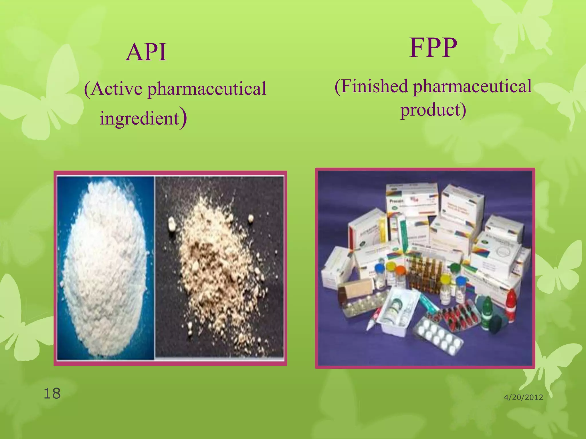API                           FPP
     (Active pharmaceutical   (Finished pharmaceutical
      ingredient)                     product)




18                                                4/20/2012
 