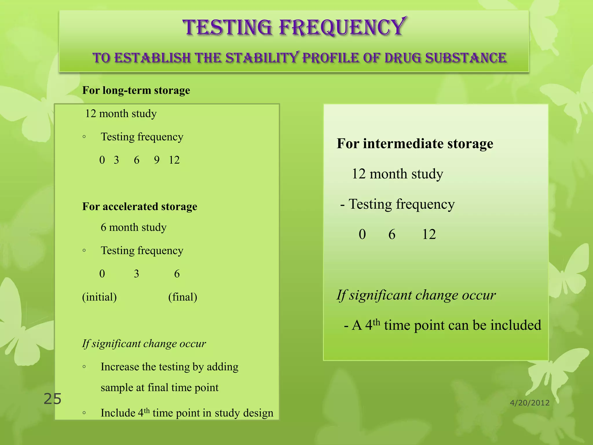 Testing frequency
         To establish the stability profile of drug substance

     For long-term storage

     12 month study

     ◦    Testing frequency
                                                       For intermediate storage
         0 3     6        9 12
                                                         12 month study

     For accelerated storage                           - Testing frequency
          6 month study
                                                          0    6     12
     ◦    Testing frequency

         0       3            6

     (initial)               (final)                   If significant change occur

                                                        - A 4th time point can be included
     If significant change occur

     ◦    Increase the testing by adding
          sample at final time point
25                                                                                   4/20/2012
     ◦    Include   4th   time point in study design
 