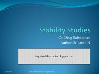 On Drug Substances
Author: Srikanth N
4/30/2012 1
http://stabilitystudies.blogspot.com
http://stabilitystudies.blogspot.com
 