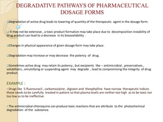 DEGRADATIVE PATHWAYS OF PHARMACEUTICAL
                    DOSAGE FORMS
Degradation of active drug leads to lowering of quantity of the therapeutic     agent in the dosage form.

 It may not be extensive , a toxic product formation may take place due to    decomposition instability of
drug product can lead to a decrease in its bioavailability .

Changes in physical appearance of given dosage form may take place.


Degradation may increase or may decrease      the potency of drug.

Sometimes active drug      may retain its potency , but excipients like – antimicrobial , preservatives ,
solubilizers , emulsifying or suspending agent may degrade , lead to compromising the integrity of drug
product.


EXAMPLE :
 Drugs like 5-fluorouracil , carbamazipine , digioxin and theophylline have narrow therapeutic indices
these needs to be carefully treated in patient so that plasma levels are neither too high as to be toxic nor
too low as to be ineffective

 The antimicrobial chloroquine can produce toxic reactions that are attribute   to the photochemical
degradation of the substance.
 