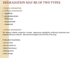 DEGRADATION MAY BE OF TWO TYPES
 PHYSICAL DEGRADATION
 CHEMICAL DEGRADATION
•   OXIDATION
•   DECARBOXYLATION
•   PHOTOLYSIS
•   RACEMIZATION
•   HYDROLYSIS


 PHYSICAL DEGRADATION
The physical stability properties includes appearance, palatability ,uniformity ,dissolution and
suspend ability are retained . Maintained throughout the shelf life of the drug.


IT INCLUDES FOLLOWING :
Loss of water
loss of volatile oil
Water Absorbance
Polymorphism
Color change
 