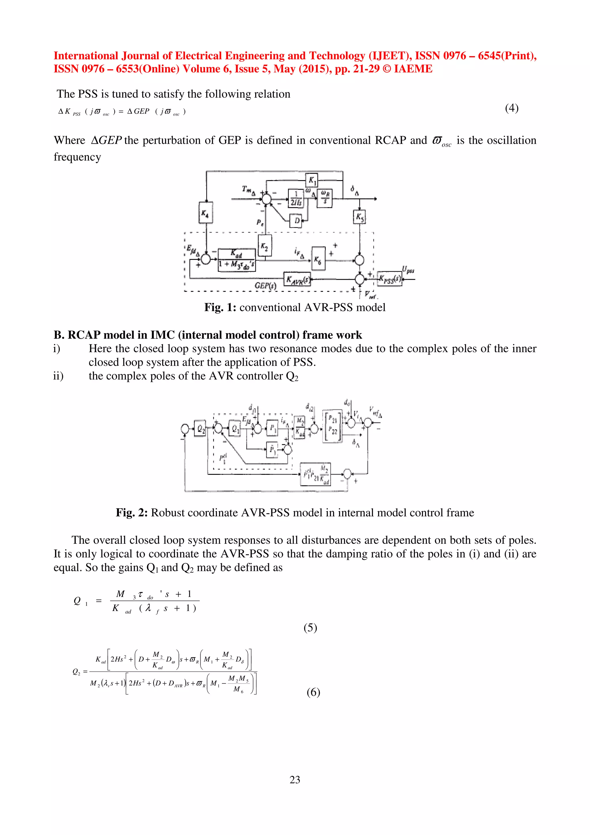 International Journal of Electrical Engineering and Technology (IJEET), ISSN 0976 – 6545(Print),
ISSN 0976 – 6553(Online) Volume 6, Issue 5, May (2015), pp. 21-29 © IAEME
23
The PSS is tuned to satisfy the following relation
)()( oscoscPSS jGEPjK ϖϖ ∆=∆ (4)
Where GEP∆ the perturbation of GEP is defined in conventional RCAP and oscϖ is the oscillation
frequency
Fig. 1: conventional AVR-PSS model
B. RCAP model in IMC (internal model control) frame work
i) Here the closed loop system has two resonance modes due to the complex poles of the inner
closed loop system after the application of PSS.
ii) the complex poles of the AVR controller Q2
Fig. 2: Robust coordinate AVR-PSS model in internal model control frame
The overall closed loop system responses to all disturbances are dependent on both sets of poles.
It is only logical to coordinate the AVR-PSS so that the damping ratio of the poles in (i) and (ii) are
equal. So the gains Q1 and Q2 may be defined as
)1(
1'3
1
+
+
=
sK
sM
Q
fad
do
λ
τ
(5)
( ) ( ) 











−++++












++





++
=
6
52
1
2
2
2
1
22
2
21
2
M
MM
MsDDHssM
D
K
M
MsD
K
M
DHsK
Q
RAVRv
ad
R
ad
ad
ϖλ
ϖ δω
(6)
 