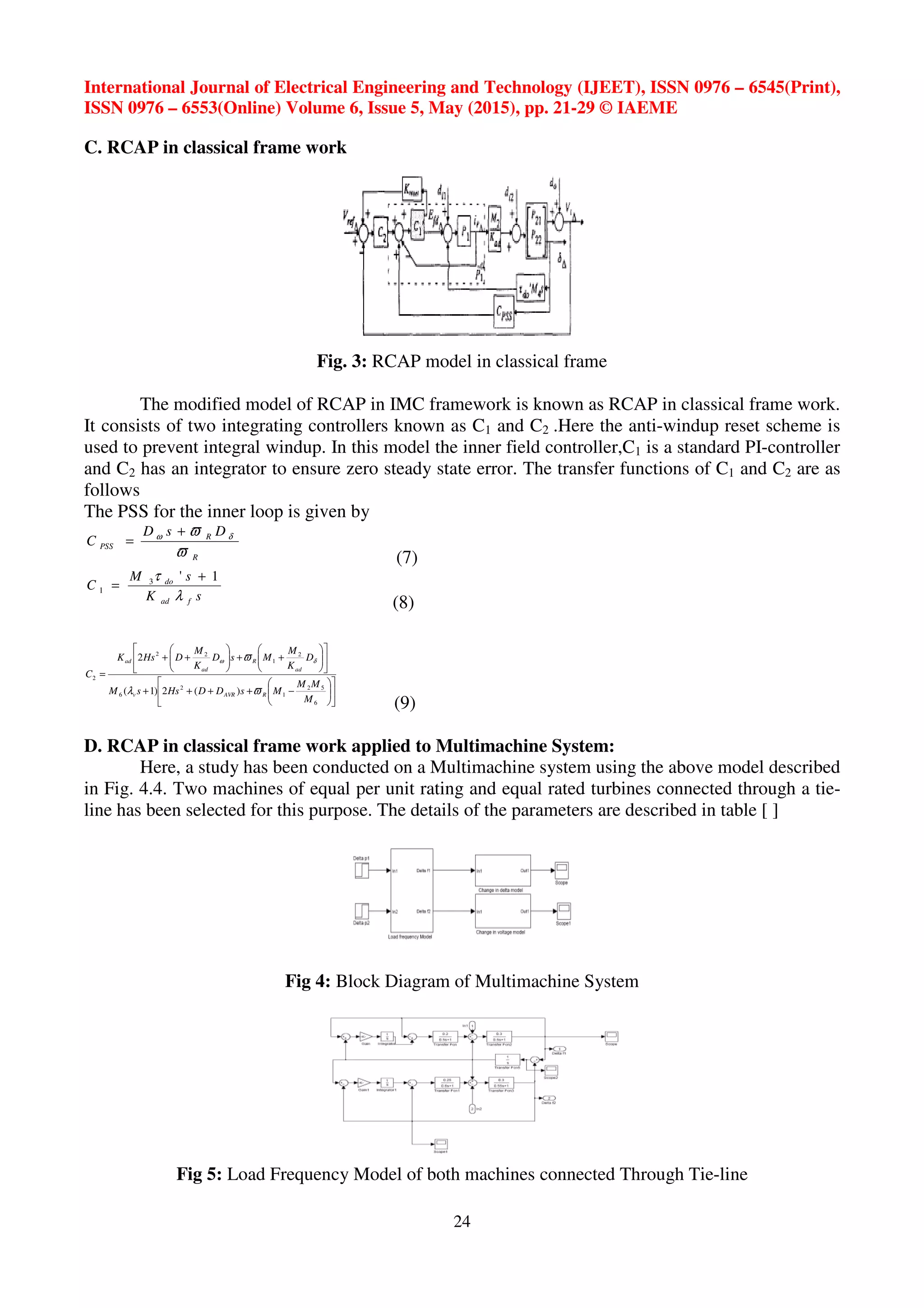 International Journal of Electrical Engineering and Technology (IJEET), ISSN 0976 – 6545(Print),
ISSN 0976 – 6553(Online) Volume 6, Issue 5, May (2015), pp. 21-29 © IAEME
24
C. RCAP in classical frame work
Fig. 3: RCAP model in classical frame
The modified model of RCAP in IMC framework is known as RCAP in classical frame work.
It consists of two integrating controllers known as C1 and C2 .Here the anti-windup reset scheme is
used to prevent integral windup. In this model the inner field controller,C1 is a standard PI-controller
and C2 has an integrator to ensure zero steady state error. The transfer functions of C1 and C2 are as
follows
The PSS for the inner loop is given by
R
R
PSS
DsD
C
ϖ
ϖ δω +
=
(7)
sK
sM
C
fad
do
λ
τ 1'3
1
+
=
(8)












−++++












++





++
=
6
52
1
2
6
2
1
22
2
)(2)1(
2
M
MM
MsDDHssM
D
K
M
MsD
K
M
DHsK
C
RAVRv
ad
R
ad
ad
ϖλ
ϖ δω
(9)
D. RCAP in classical frame work applied to Multimachine System:
Here, a study has been conducted on a Multimachine system using the above model described
in Fig. 4.4. Two machines of equal per unit rating and equal rated turbines connected through a tie-
line has been selected for this purpose. The details of the parameters are described in table [ ]
Fig 4: Block Diagram of Multimachine System
Fig 5: Load Frequency Model of both machines connected Through Tie-line
 