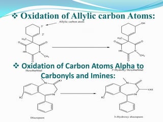  Oxidation of Allylic carbon Atoms:Allylic carbon atom
                                                                                    OH
                     3'


                     2'
     H3C                                                            H3C
 O                        O                                     O                   O



       HN        N                                                  HN         N

                          CH3                                                      CH3

            O                                                             O


 Oxidation of Carbon Atoms Alpha to
        Hexobarbital                                           3'-Hydroxy Hexobarbital

       Carbonyls and Imines:        O
                          N                                               N

                                                                                         OH

                                N                                              N
  IC                                                      IC




            Diazepam                                            3-Hydroxy diazepam
 