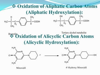  Oxidation of Aliphatic Carbon Atoms
               (Aliphatic Hydroxylation):
          H                         CH3                 OH                     CH3

H3C       C     C                   C     COOH    H3C   C       C              C     COOH
                H2                  H                           H2             H
          CH3                                           CH3



      Ibuprofen                                             Tertiary alcohol metabolite
        Oxidation of Alicyclic Carbon Atoms
            (Alicyclic Hydroxylation):
           H2N                                                  H2N
                        N                                                N

      O         N               N            4'             O        N         N            OH


                                                                H2N
           H2N

                    Minoxidil                                    4'-Hydroxy Minoxidil
 