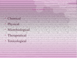 Types of stability



   Chemical
   Physical
   Microbiological
   Therapeutical
   Toxicological
 