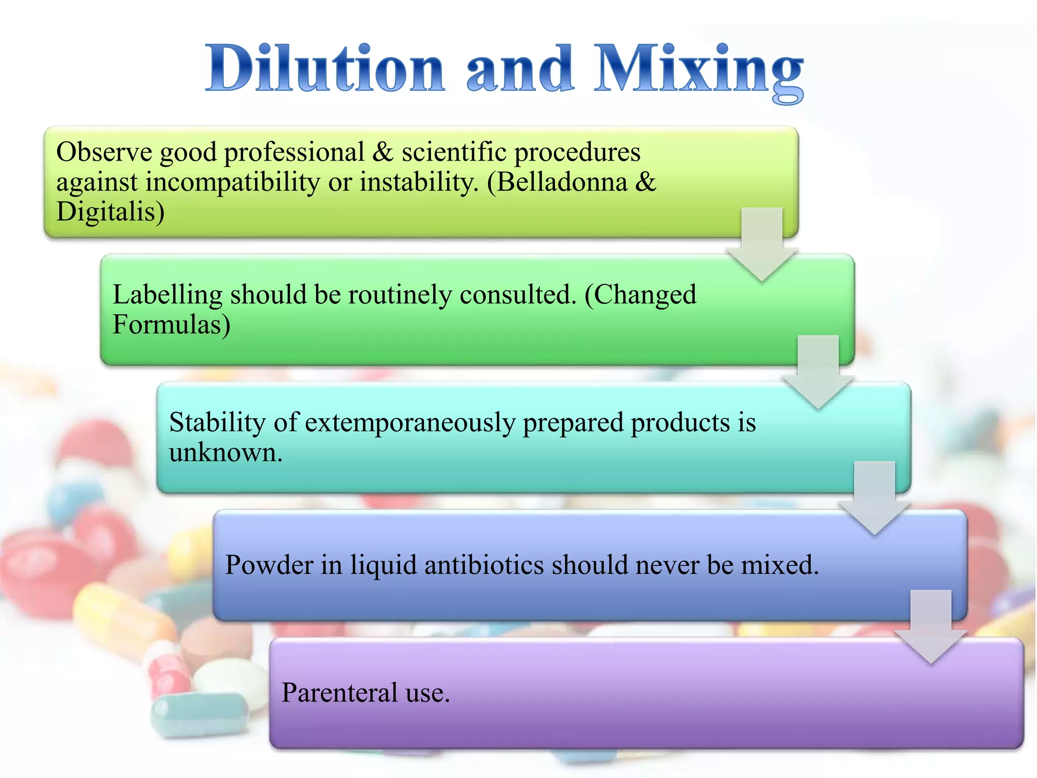 Observe good professional & scientific procedures
against incompatibility or instability. (Belladonna &
Digitalis)
Labelling should be routinely consulted. (Changed
Formulas)
Stability of extemporaneously prepared products is
unknown.
Powder in liquid antibiotics should never be mixed.
Parenteral use.
 