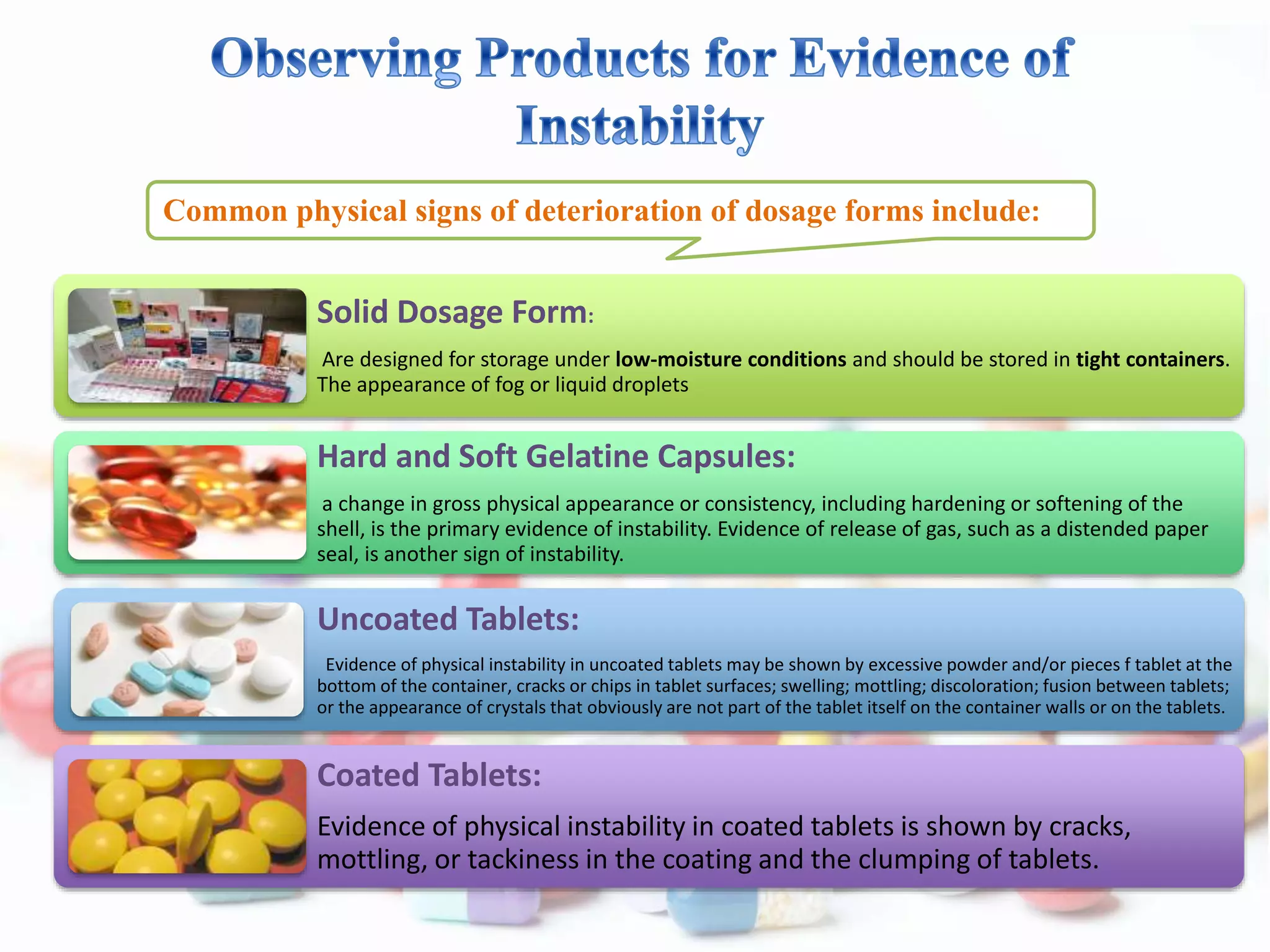 Common physical signs of deterioration of dosage forms include:
Solid Dosage Form:
Are designed for storage under low-moisture conditions and should be stored in tight containers.
The appearance of fog or liquid droplets
Hard and Soft Gelatine Capsules:
a change in gross physical appearance or consistency, including hardening or softening of the
shell, is the primary evidence of instability. Evidence of release of gas, such as a distended paper
seal, is another sign of instability.
Uncoated Tablets:
Evidence of physical instability in uncoated tablets may be shown by excessive powder and/or pieces f tablet at the
bottom of the container, cracks or chips in tablet surfaces; swelling; mottling; discoloration; fusion between tablets;
or the appearance of crystals that obviously are not part of the tablet itself on the container walls or on the tablets.
Coated Tablets:
Evidence of physical instability in coated tablets is shown by cracks,
mottling, or tackiness in the coating and the clumping of tablets.
 