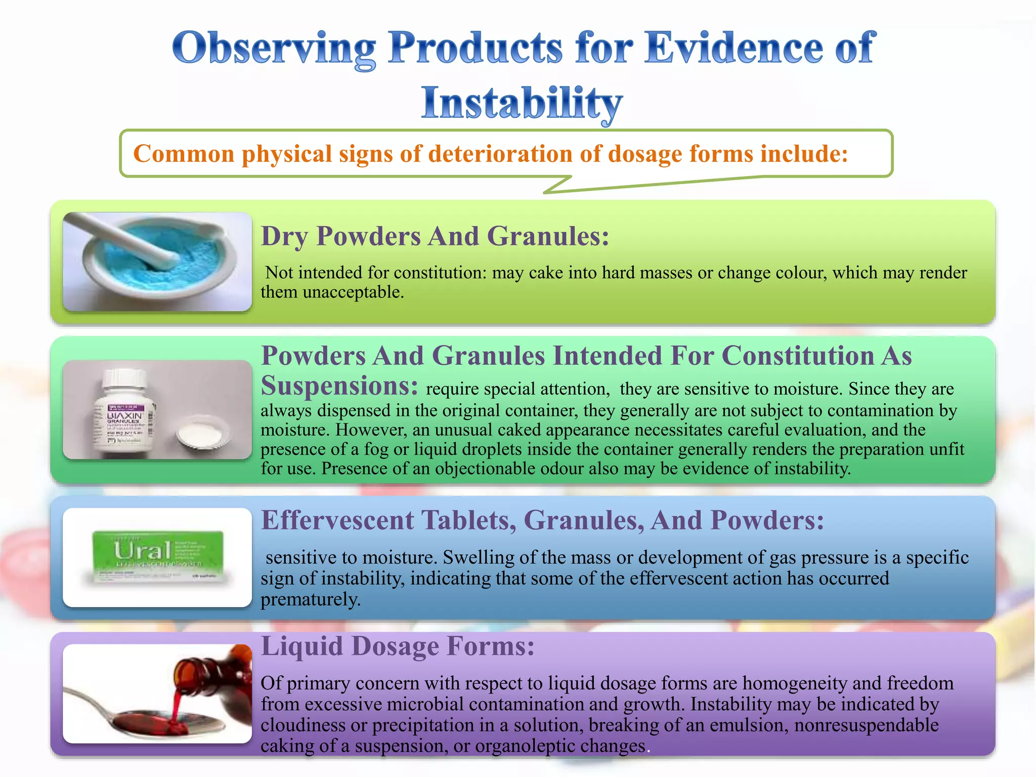 Common physical signs of deterioration of dosage forms include:
Dry Powders And Granules:
Not intended for constitution: may cake into hard masses or change colour, which may render
them unacceptable.
Powders And Granules Intended For Constitution As
Suspensions: require special attention, they are sensitive to moisture. Since they are
always dispensed in the original container, they generally are not subject to contamination by
moisture. However, an unusual caked appearance necessitates careful evaluation, and the
presence of a fog or liquid droplets inside the container generally renders the preparation unfit
for use. Presence of an objectionable odour also may be evidence of instability.
Effervescent Tablets, Granules, And Powders:
sensitive to moisture. Swelling of the mass or development of gas pressure is a specific
sign of instability, indicating that some of the effervescent action has occurred
prematurely.
Liquid Dosage Forms:
Of primary concern with respect to liquid dosage forms are homogeneity and freedom
from excessive microbial contamination and growth. Instability may be indicated by
cloudiness or precipitation in a solution, breaking of an emulsion, nonresuspendable
caking of a suspension, or organoleptic changes.
 