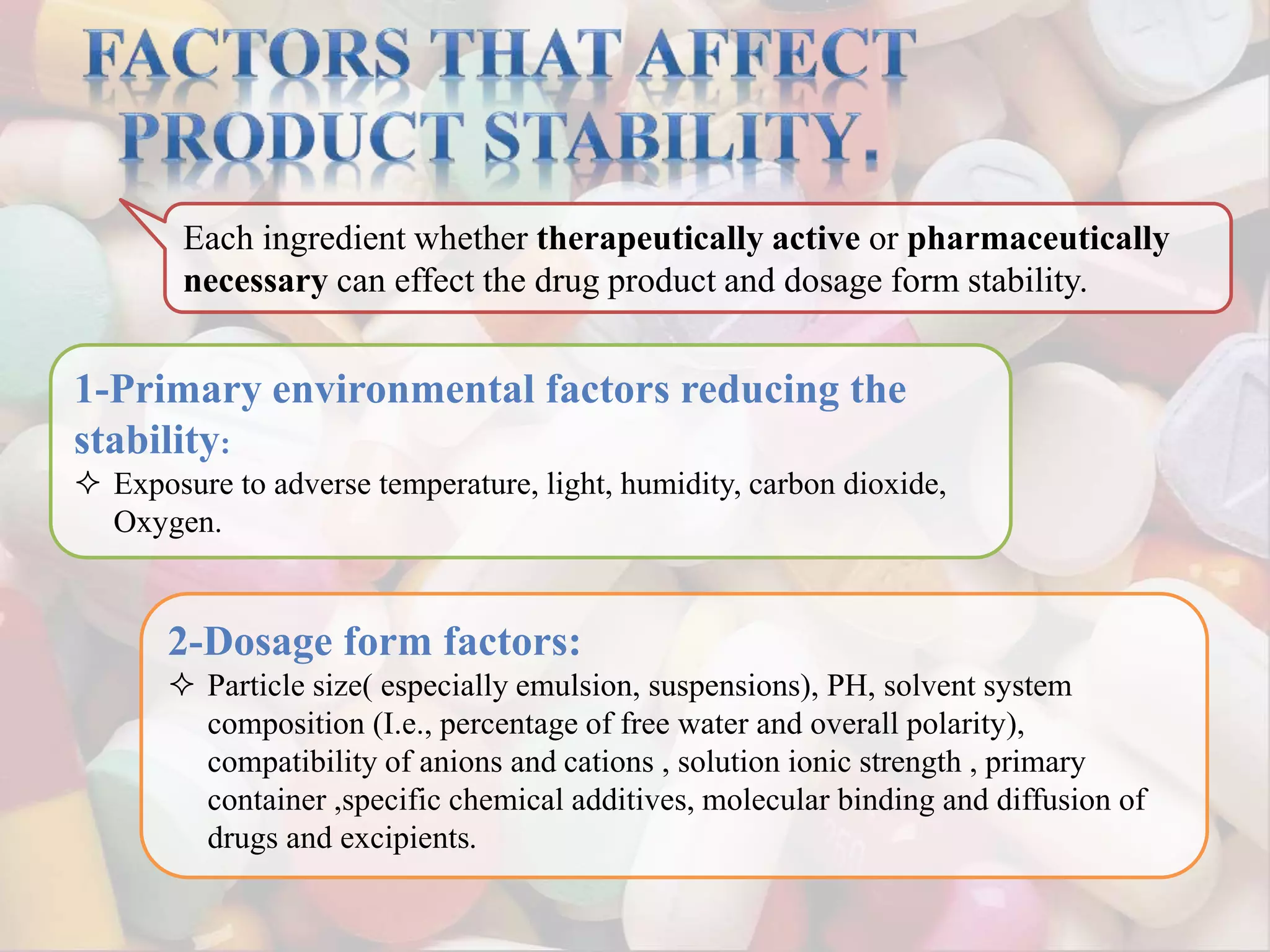 Each ingredient whether therapeutically active or pharmaceutically
necessary can effect the drug product and dosage form stability.
1-Primary environmental factors reducing the
stability:
 Exposure to adverse temperature, light, humidity, carbon dioxide,
Oxygen.
2-Dosage form factors:
 Particle size( especially emulsion, suspensions), PH, solvent system
composition (I.e., percentage of free water and overall polarity),
compatibility of anions and cations , solution ionic strength , primary
container ,specific chemical additives, molecular binding and diffusion of
drugs and excipients.
 