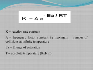 K = reaction rate constant
A = frequency factor constant i.e maximum number of
collisions at infinite temperature
Ea = Energy of activation
T = absolute temperature (Kelvin)
 