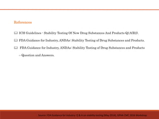 Source: FDA Guidance for Industry: Q & A on stability testing (May 2014), GPHA CMC 2016 Workshop.
References
 ICH Guidelines - Stability Testing Of New Drug Substances And Products Q1A(R2).
 FDA Guidance for Industry, ANDAs: Stability Testing of Drug Substances and Products.
 FDA Guidance for Industry, ANDAs: Stability Testing of Drug Substances and Products
– Question and Answers.
 