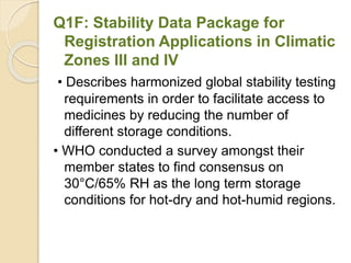 Q1F: Stability Data Package for
Registration Applications in Climatic
Zones III and IV
• Describes harmonized global stability testing
requirements in order to facilitate access to
medicines by reducing the number of
different storage conditions.
• WHO conducted a survey amongst their
member states to find consensus on
30°C/65% RH as the long term storage
conditions for hot-dry and hot-humid regions.
 