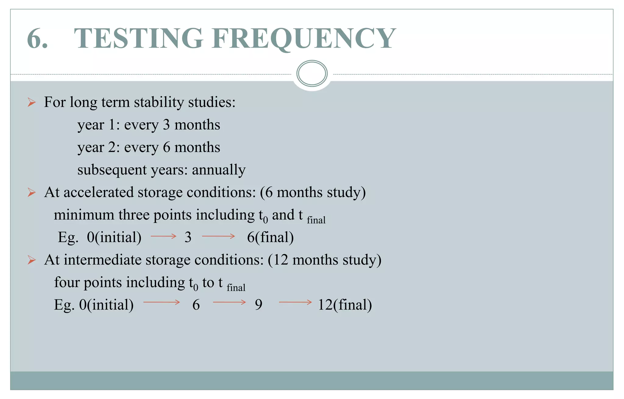 6. TESTING FREQUENCY
 For long term stability studies:
year 1: every 3 months
year 2: every 6 months
subsequent years: annually
 At accelerated storage conditions: (6 months study)
minimum three points including t0 and t final
Eg. 0(initial) 3 6(final)
 At intermediate storage conditions: (12 months study)
four points including t0 to t final
Eg. 0(initial) 6 9 12(final)
 