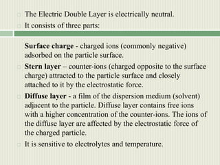  The Electric Double Layer is electrically neutral.
 It consists of three parts:
Surface charge - charged ions (commonly negative)
adsorbed on the particle surface.
 Stern layer – counter-ions (charged opposite to the surface
charge) attracted to the particle surface and closely
attached to it by the electrostatic force.
 Diffuse layer - a film of the dispersion medium (solvent)
adjacent to the particle. Diffuse layer contains free ions
with a higher concentration of the counter-ions. The ions of
the diffuse layer are affected by the electrostatic force of
the charged particle.
 It is sensitive to electrolytes and temperature.
 