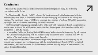 Conclusion :
Based on the results obtained and comparisons made in the present study, the following
conclusions can be drawn:
• The Maximum Dry Density (MDD) value of the black cotton soil initially decreased with the
addition of fly ash. Then, it showed increment with increasing fly ash content in the soil-fly ash
mixture. The maximum value of MDD was observed for a mixture of soil and 30% of fly ash content
by weight. The MDD values consistently decreased thereafter.
• The Unconfined Compressive Strength (UCS) of the soil with variation of fly ash content showed
similar trend as that of the MDD values, except the fact that the peak value was observed for a fly
ash content of 20% by weight.
• In un-soaked California Bearing Ratio (CBR) tests of soil conducted with varying fly ash content,
the CBR increased gradually with the increase in fly ash content till its valuation was 20% by
weight of the total mixture; it decreased thereafter.
• The change in case of soaked California Bearing Ratio (CBR) tests of soil with varying fly ash
content was, however, uneven. It decreased with the initial addition of fly ash (10% by weight of
total mixture), and then increased till fly ash content reached 30% by weight of total mixture. The
values decreased thereafter.
 