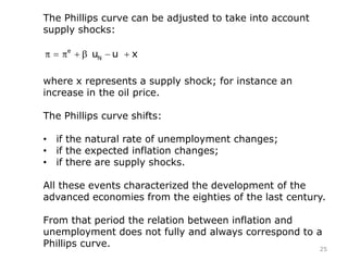 The Phillips curve can be adjusted to take into account
supply shocks:
e
Nu u x
where x represents a supply shock; for instance an
increase in the oil price.
The Phillips curve shifts:
• if the natural rate of unemployment changes;
• if the expected inflation changes;
• if there are supply shocks.
All these events characterized the development of the
advanced economies from the eighties of the last century.
From that period the relation between inflation and
unemployment does not fully and always correspond to a
Phillips curve. 25
 