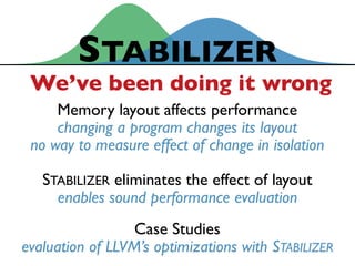 changing a program changes its layout
STABILIZER
Memory layout affects performance
STABILIZER eliminates the effect of lay...