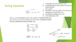 Swing equation
𝜏 = 𝐼𝛼
𝐽
𝑑2
𝜃𝑚
𝑑𝑡2 = 𝑇𝑎 = 𝑇𝑚 − 𝑇𝑒
𝜃𝑚 = 𝜔𝑠𝑚𝑡 + 𝛿𝑚
𝑑𝜃𝑚
𝑑𝑡
= 𝜔𝑠𝑚 +
𝑑𝛿𝑚
𝑑𝑡
𝑑2
𝜃𝑚
𝑑𝑡2
=
𝑑2
𝛿𝑚
𝑑𝑡2
𝐽
𝑑2𝛿𝑚
𝑑𝑡2 = 𝑇𝑎 = 𝑇𝑚 − 𝑇𝑒
 