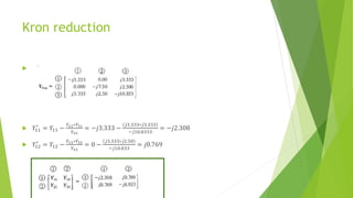 Kron reduction

 𝑌11
′
= 𝑌11 −
𝑌13∗𝑌31
𝑌33
= −𝑗3.333 −
𝑗3.333∗𝑗3.333
−𝑗10.8333
= −𝑗2.308
 𝑌12
′
= 𝑌12 −
𝑌13∗𝑌32
𝑌33
= 0 −
𝑗3.333∗𝑗2.50
−𝑗10.833
= 𝑗0.769
 