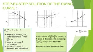STEP-BY-STEP SOLUTION OF THE SWING
CURVE :
M
𝑑2𝛿𝑚
𝑑𝑡2 = 𝑃𝑎 = 𝑃𝑚 − 𝑃𝑒
 When fault occurs 𝑃𝑎 ≠ 0 ,
Rotor accelerates , since
𝑑2𝛿𝑚
𝑑𝑡2 ≠ 0 ,
 Speed ω increases, δ
increases too
 Since 𝑃𝑒=𝑃𝑚𝑎𝑥𝑠𝑖𝑛𝛿 , 𝑃𝑎
decreases with increasing δ
𝑎𝑐𝑐𝑒𝑙𝑒𝑟𝑎𝑡𝑖𝑜𝑛 𝛼 =
𝑑2𝛿𝑚
𝑑𝑡2 =
𝑑𝜔
𝑑𝑡
= 𝑠𝑙𝑜𝑝𝑒 𝑜𝑓 𝜔
 Since 𝑃𝑎 decreases with increasing δ
𝑑2𝛿𝑚
𝑑𝑡2 =
𝑑𝜔
𝑑𝑡
= 𝑠𝑙𝑜𝑝𝑒 𝑜𝑓 𝜔 decreases.
So the curve has a decreasing slope
 