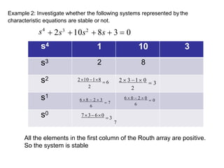s4
 2s3
10s2
 8s  3  0
s4 1 10 3
s3 2 8
s2
s1
s0
2
210 18
 6
2
2  3 1 0
 3
6  8  2  3
6
 7 6
6  0  2  0
 0
73 60
 3
7
All the elements in the first column of the Routh array are positive.
So the system is stable
Example 2: Investigate whether the following systems represented by the
characteristic equations are stable or not.
 