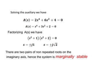 Factorizing A(s) we h ve
Solving the auxiliary we have
a
There are two pairs of non repeated roots on the
imaginary axis, hence the system is marginally stable
 