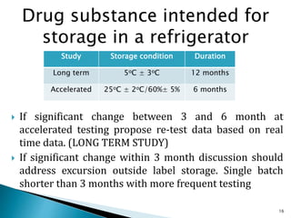 Drug substance intended for
storage in a refrigerator
 If significant change between 3 and 6 month at
accelerated testing propose re-test data based on real
time data. (LONG TERM STUDY)
 If significant change within 3 month discussion should
address excursion outside label storage. Single batch
shorter than 3 months with more frequent testing
Study Storage condition Duration
Long term 5oC ± 3oC 12 months
Accelerated 25oC ± 2oC/60%± 5% 6 months
16
 