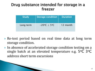 Drug substance intended for storage in a
freezer
 Re-test period based on real time data at long term
storage condition.
 In absence of accelerated storage condition testing on a
single batch at an elevated temperature e.g. 5oC 3oC
address short term excursions
Study Storage condition Duration
Long term -20oC ± 5oC 12 month
17
 