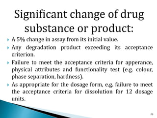 Significant change of drug
substance or product:
 A 5% change in assay from its initial value.
 Any degradation product exceeding its acceptance
criterion.
 Failure to meet the acceptance criteria for apperance,
physical attributes and functionality test (e.g. colour,
phase separation, hardness).
 As appropriate for the dosage form, e.g. failure to meet
the acceptance criteria for dissolution for 12 dosage
units.
20
 
