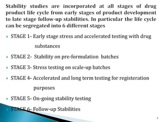 STAGE 1- Early stage stress and accelerated testing with drug
substances
 STAGE 2- Stability on pre-formulation batches
 STAGE 3- Stress testing on scale-up batches
 STAGE 4- Accelerated and long term testing for registeration
purposes
 STAGE 5- On-going stability testing
 STAGE 6- Follow-up Stabilities
3
 