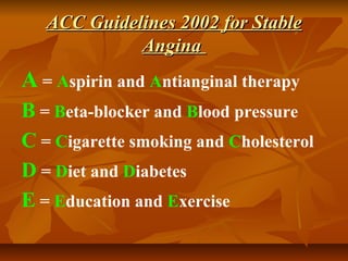 ACC Guidelines 2002 for StableACC Guidelines 2002 for Stable
AnginaAngina
A = Aspirin and Antianginal therapy
B = Beta-blocker and Blood pressure
C = Cigarette smoking and Cholesterol
D = Diet and Diabetes
E = Education and Exercise
 