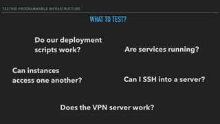 TESTING PROGRAMMABLE INFRASTRUCTURE
WHAT TO TEST?
Do our deployment  
scripts work?
Does the VPN server work?
Can instances  
access one another?
Are services running?
Can I SSH into a server?
 