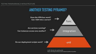 TESTING PROGRAMMABLE INFRASTRUCTURE
Does the VPN box work? 
Can I SSH into a server?
Do our deployment scripts work?
Are services running?
ANOTHER TESTING PYRAMID?
credit: Ubuntu dev quality guide 
https://developer.ubuntu.com/en/phone/platform/quality/
Can instances access one another?
 