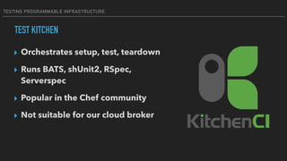 TESTING PROGRAMMABLE INFRASTRUCTURE
TEST KITCHEN
▸ Orchestrates setup, test, teardown
▸ Runs BATS, shUnit2, RSpec,
Serverspec
▸ Popular in the Chef community
▸ Not suitable for our cloud broker
 
