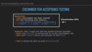 TESTING PROGRAMMABLE INFRASTRUCTURE
Background: 
Given environment has been created 
And the following user details: 
| user_alias | username | public_key | 
| userA | envoy | test |
 
 
 
Scenario: IPA - Login via SSH Key authentication succeeds 
Given user "userA" is authorised to access environment vms 
When user "userA" starts ssh session in host "env"
 
Then I should be able to echo "hello world" 
CUCUMBER FOR ACCEPTANCE TESTING
Cloud broker APIs
 