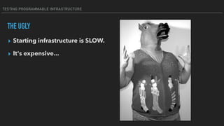 TESTING PROGRAMMABLE INFRASTRUCTURE
THE UGLY
▸ Starting infrastructure is SLOW.
▸ It's expensive...
 