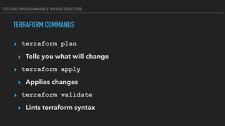 TESTING PROGRAMMABLE INFRASTRUCTURE
TERRAFORM COMMANDS
▸ terraform plan
▸ Tells you what will change
▸ terraform apply
▸ Applies changes
▸ terraform validate
▸ Lints terraform syntax
 