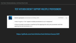 TESTING PROGRAMMABLE INFRASTRUCTURE
TEST KITCHEN DOESN'T SUPPORT MULTIPLE PROVISIONERS
https://github.com/test-kitchen/test-kitchen/issues/329
 