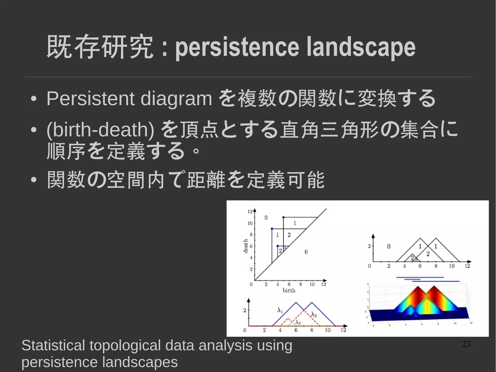 23
既存研究 : persistence landscape
● Persistence( 高さ ) の少ない点は landscape の
面積も少ない→距離への寄与が小さい。
 